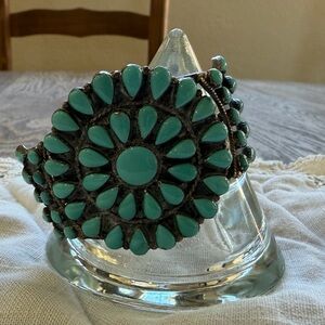 Sterling Silver and Genuine Turquoise Floral Cluster Statement Bracelet